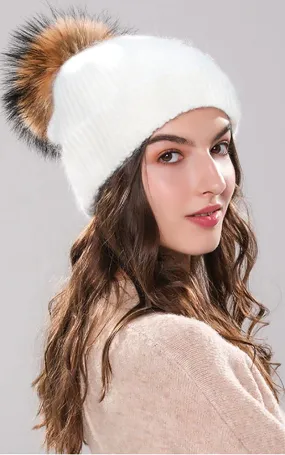 WHD3 Angora Wool Real Raccoon Fur Pom Pom Hat