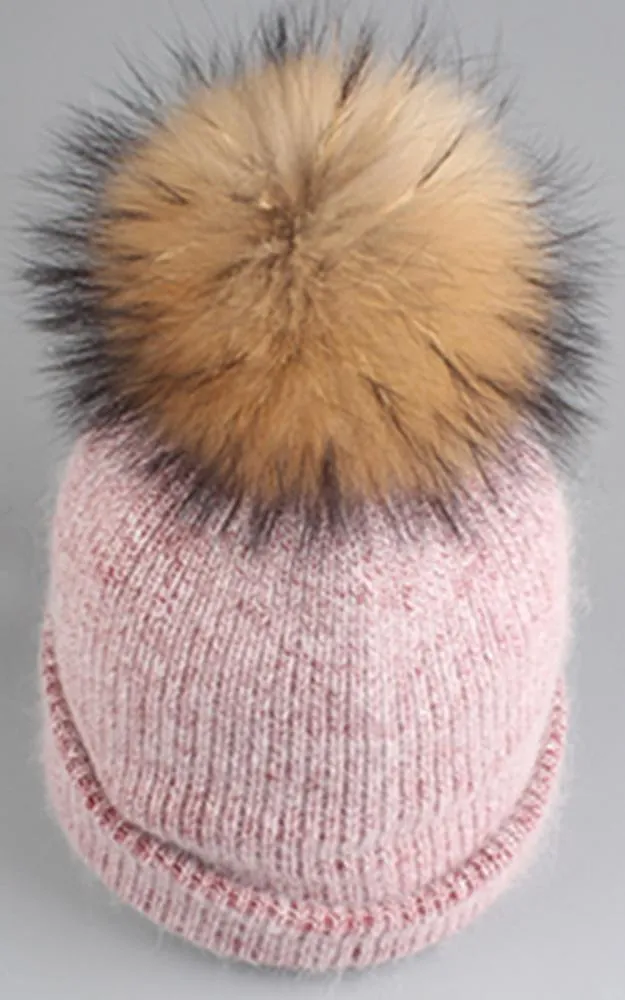 WHD3 Angora Wool Real Raccoon Fur Pom Pom Hat