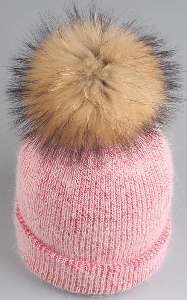 WHD3 Angora Wool Real Raccoon Fur Pom Pom Hat