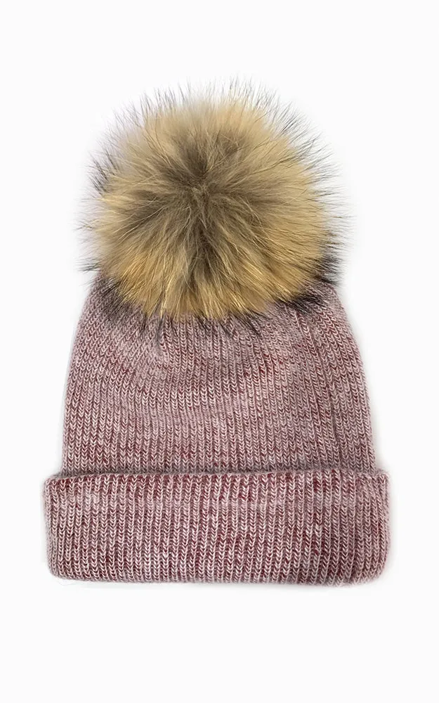 WHD3 Angora Wool Real Raccoon Fur Pom Pom Hat