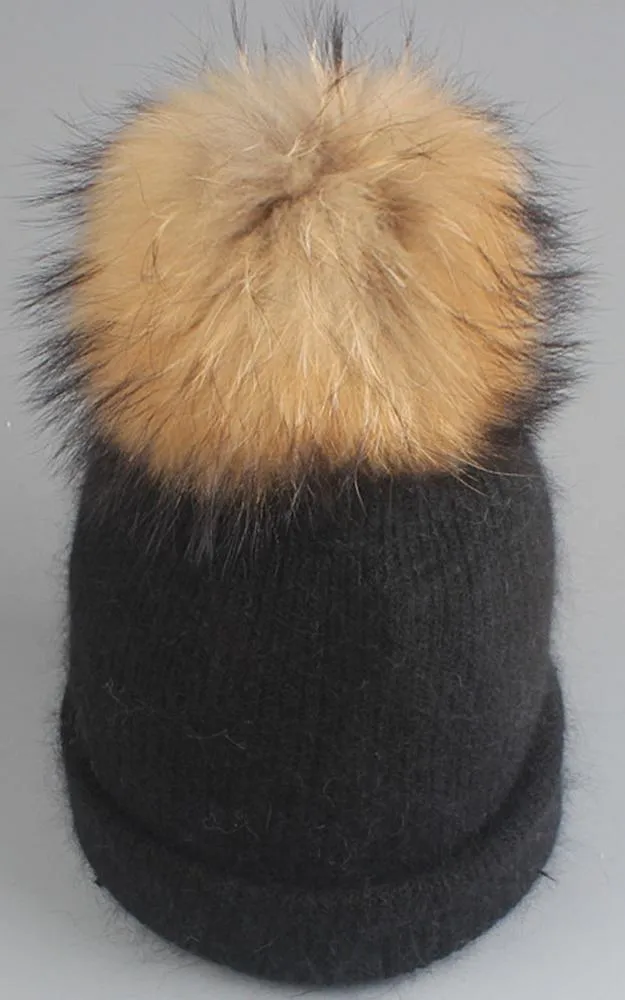 WHD3 Angora Wool Real Raccoon Fur Pom Pom Hat