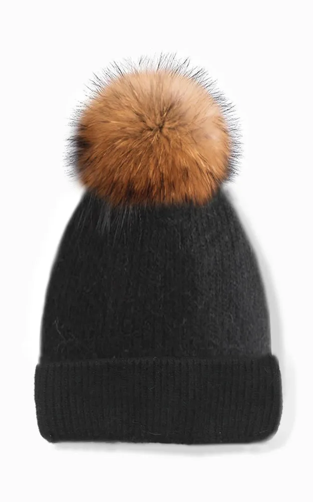 WHD3 Angora Wool Real Raccoon Fur Pom Pom Hat