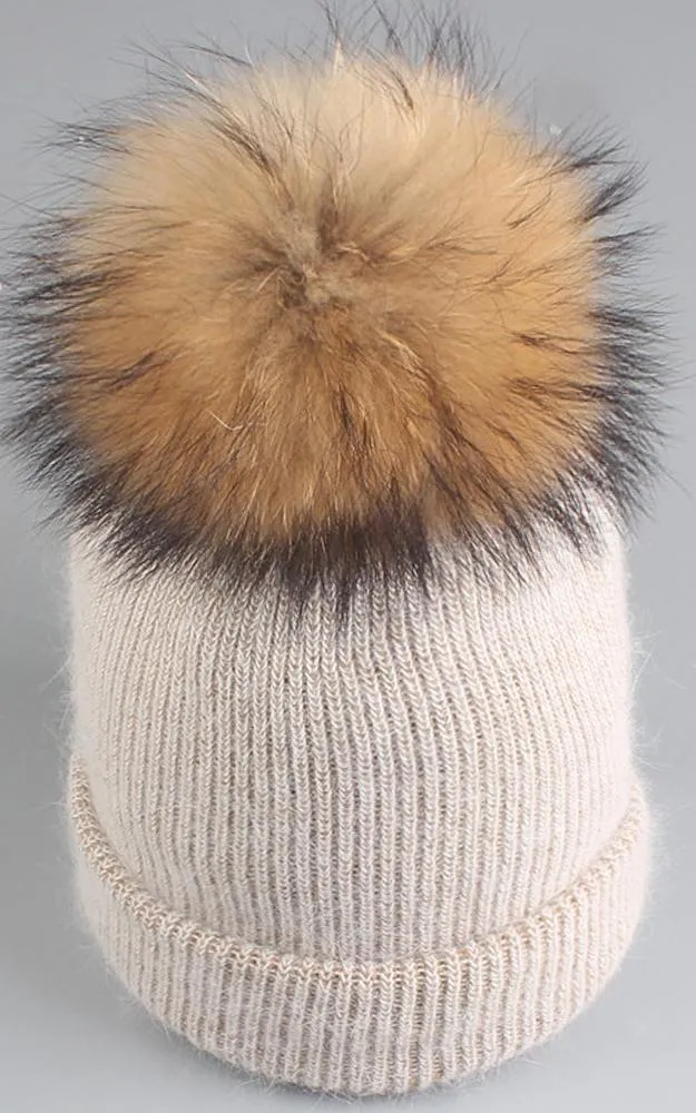 WHD3 Angora Wool Real Raccoon Fur Pom Pom Hat