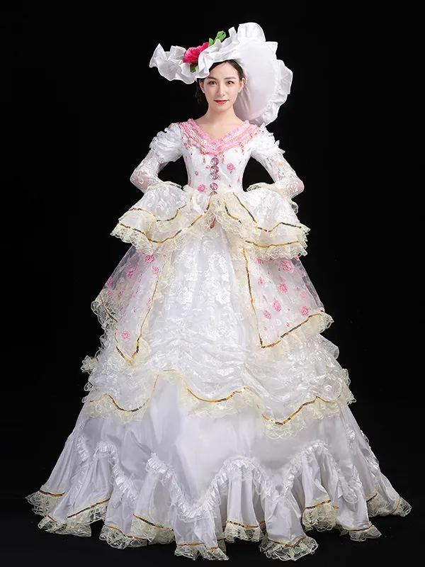 White Retro Costumes Lace Up Polyester Floral Print Marie Antoinette Costume Dress Women's Retro Set Vintage Clothing