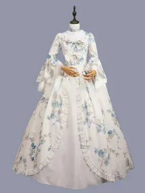 White  Retro Tudor Dress Costumes  Bows Polyester Floral Print Marie Antoinette Costume Dress Women's Retro Tunic Masquerade Bal