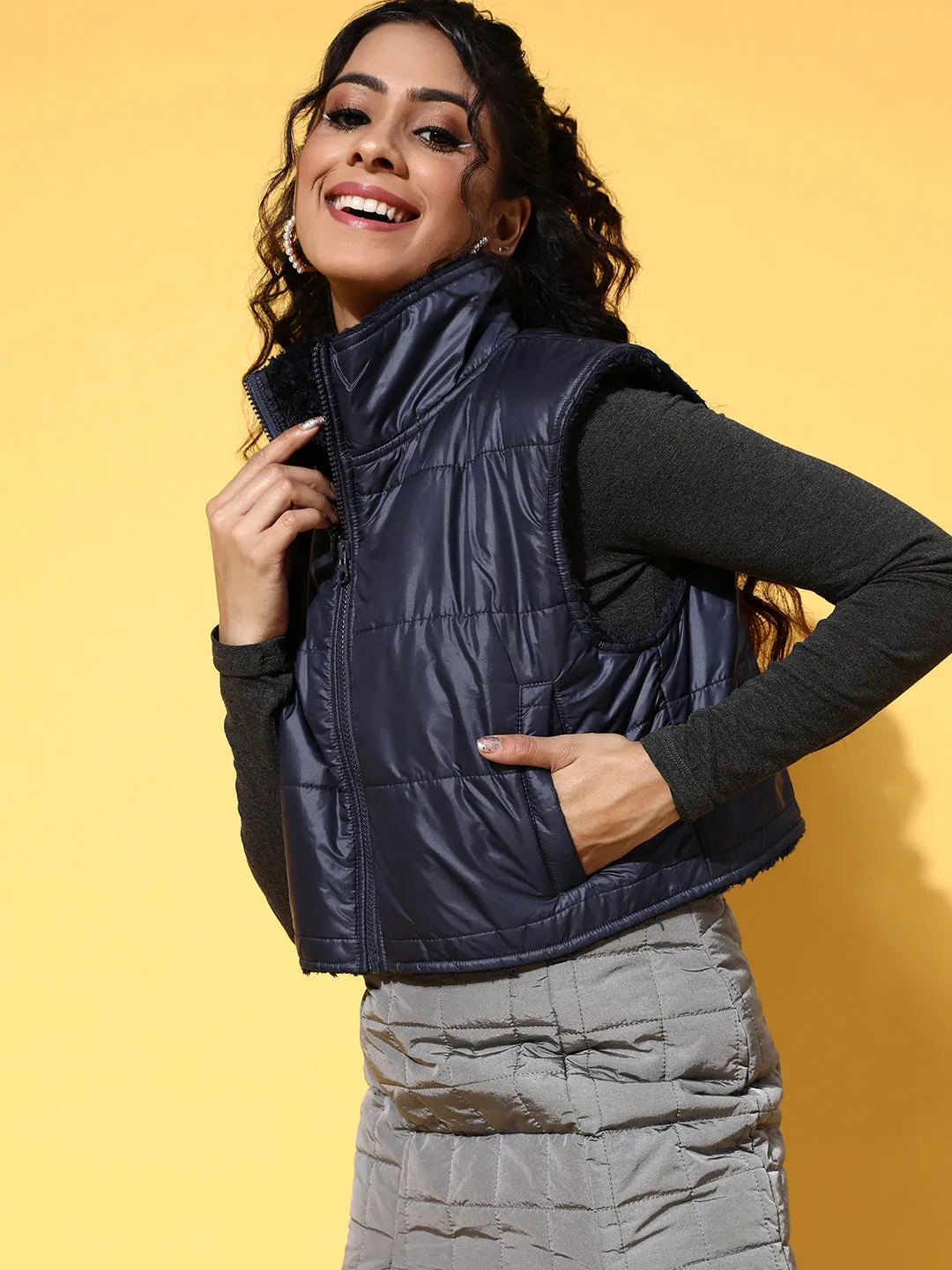 Women Navy Fur Lined Sleeveless Crop jacket