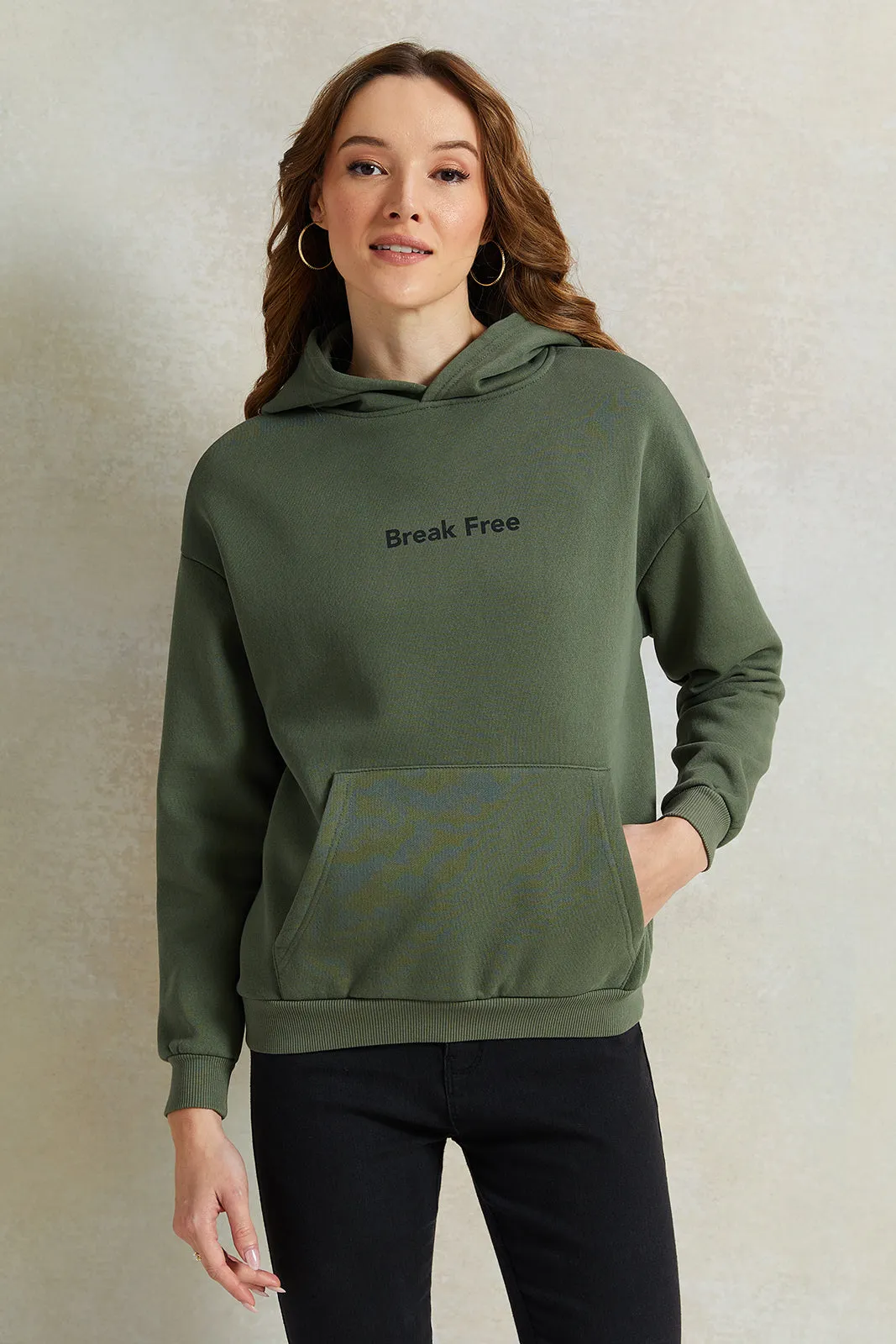 Women Olive Printed Hooded Sweatshirt