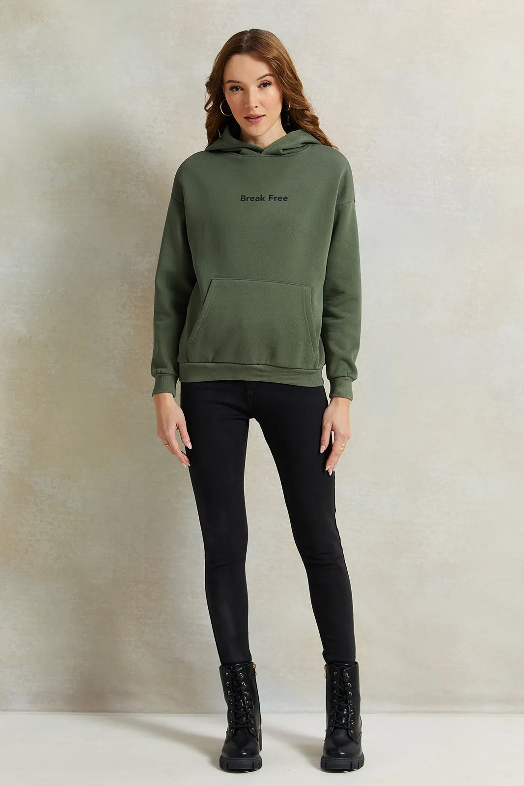 Women Olive Printed Hooded Sweatshirt