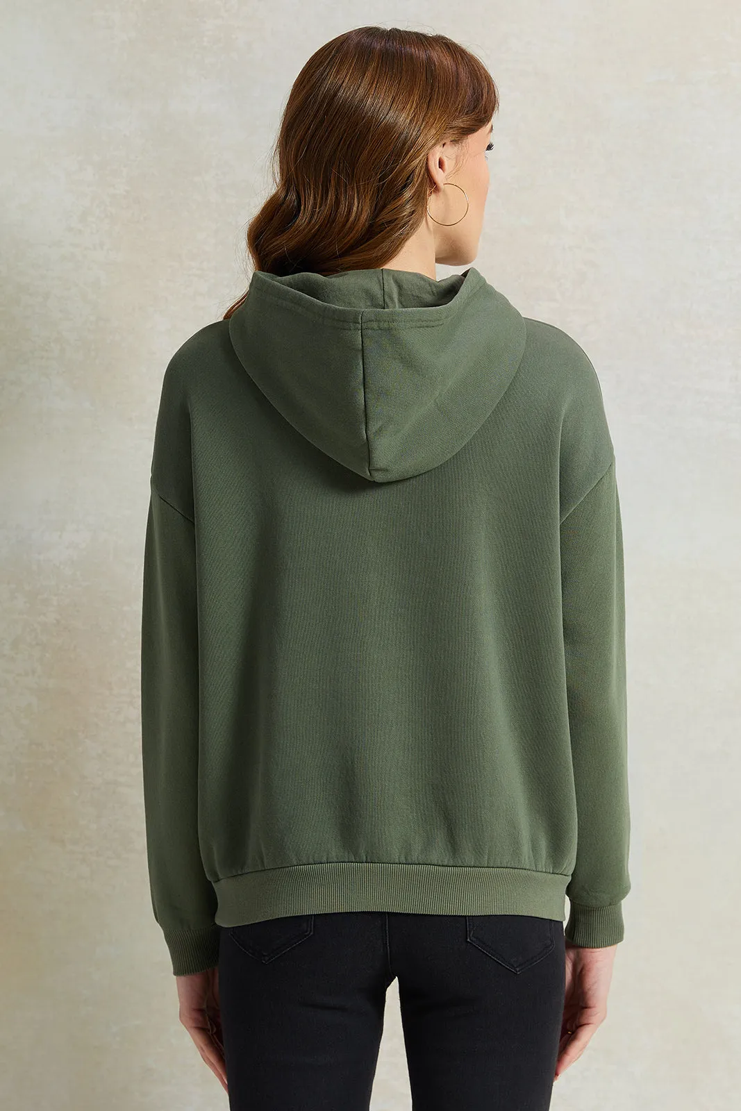 Women Olive Printed Hooded Sweatshirt