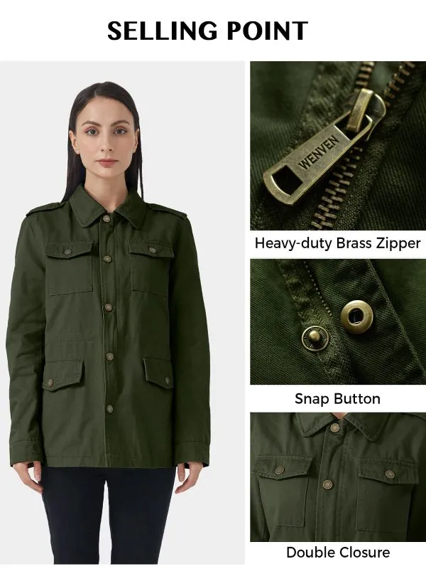 Women's Lightweight Canvas Cotton Military Jacket Utility Lapel Anorak