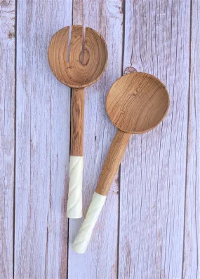 Wood Salad Servers White Handles