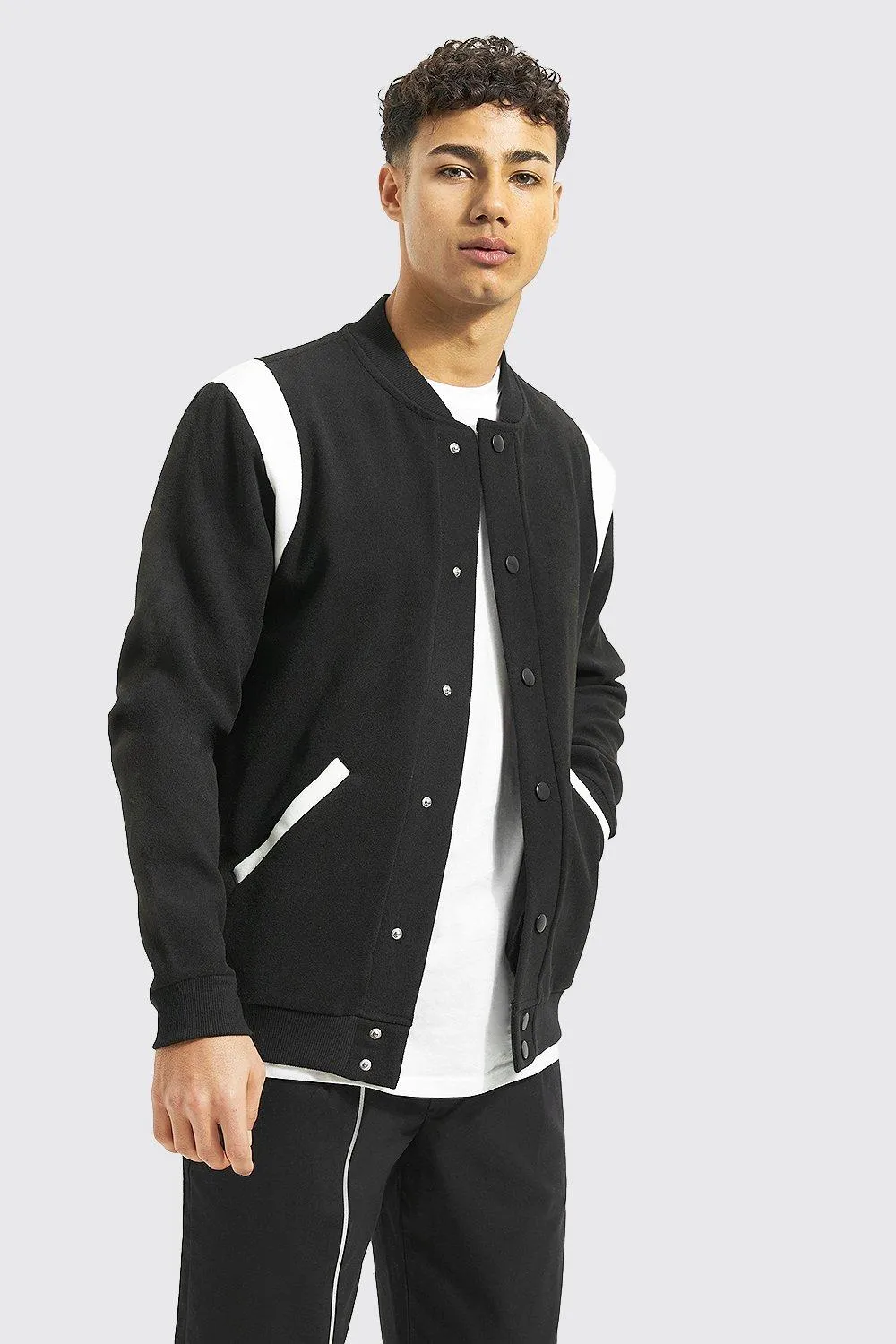 Wool Look Contrast Panel Bomber