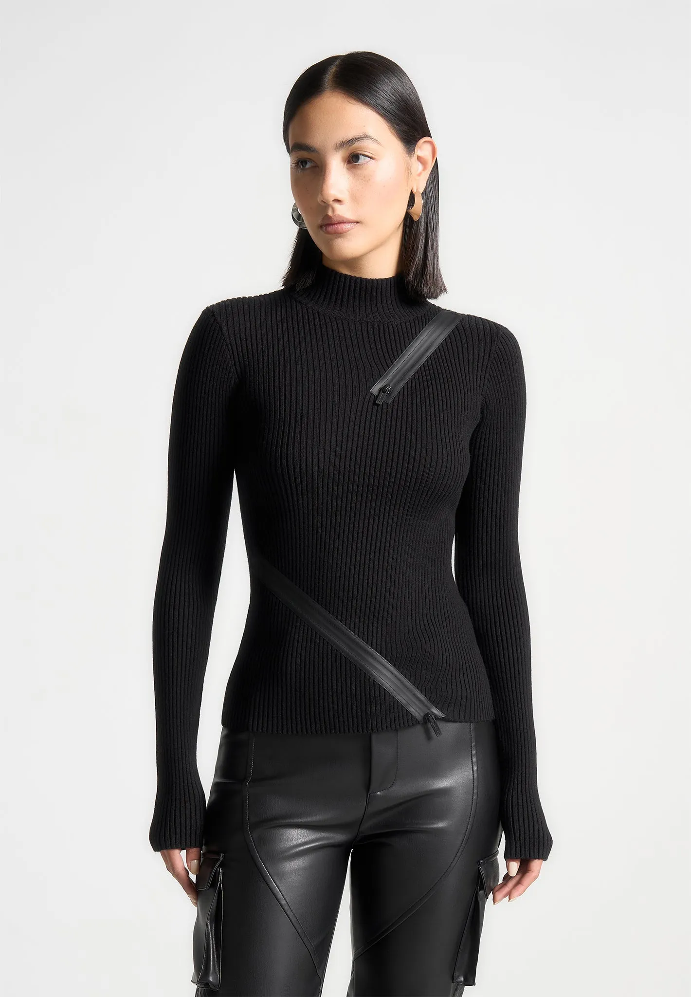 Zip Detail Ribbed High Neck Top - Black