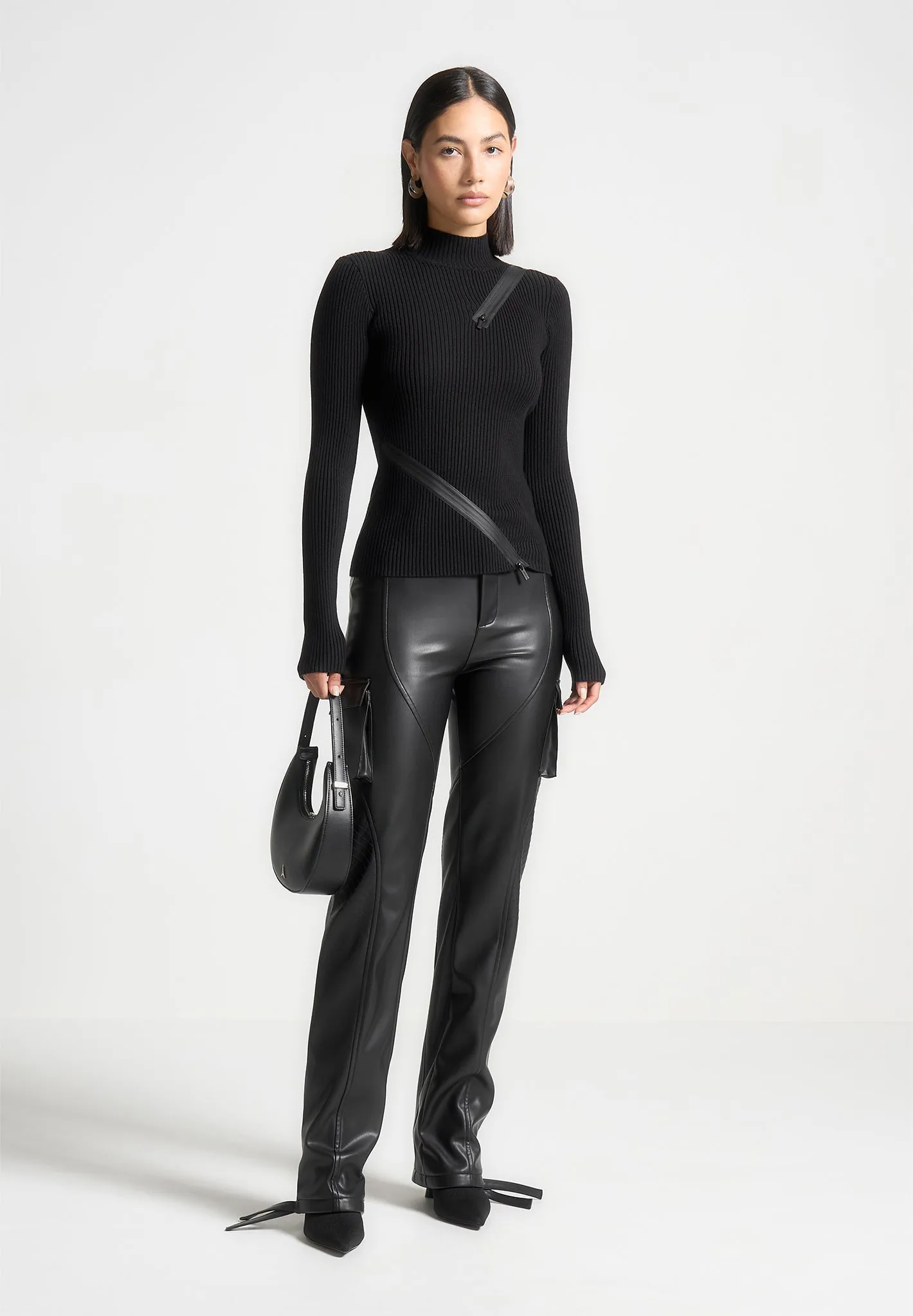 Zip Detail Ribbed High Neck Top - Black