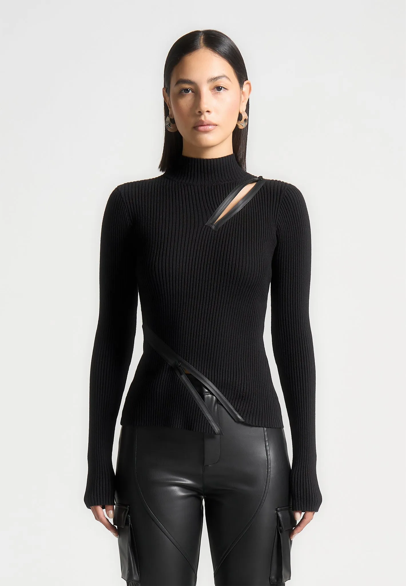 Zip Detail Ribbed High Neck Top - Black