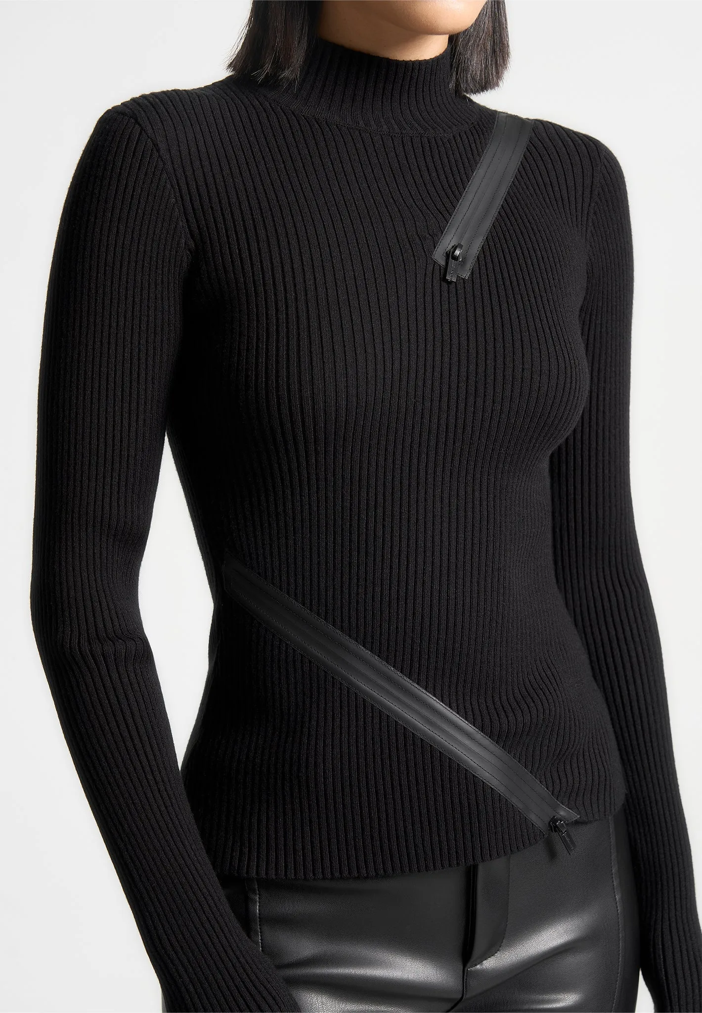 Zip Detail Ribbed High Neck Top - Black